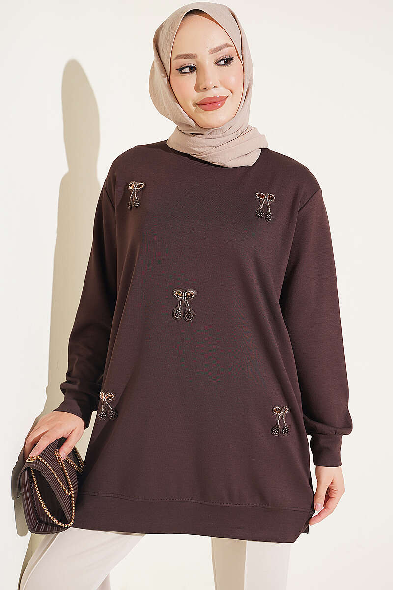 Cherry Embroidered Lace Tunic Dark Brown