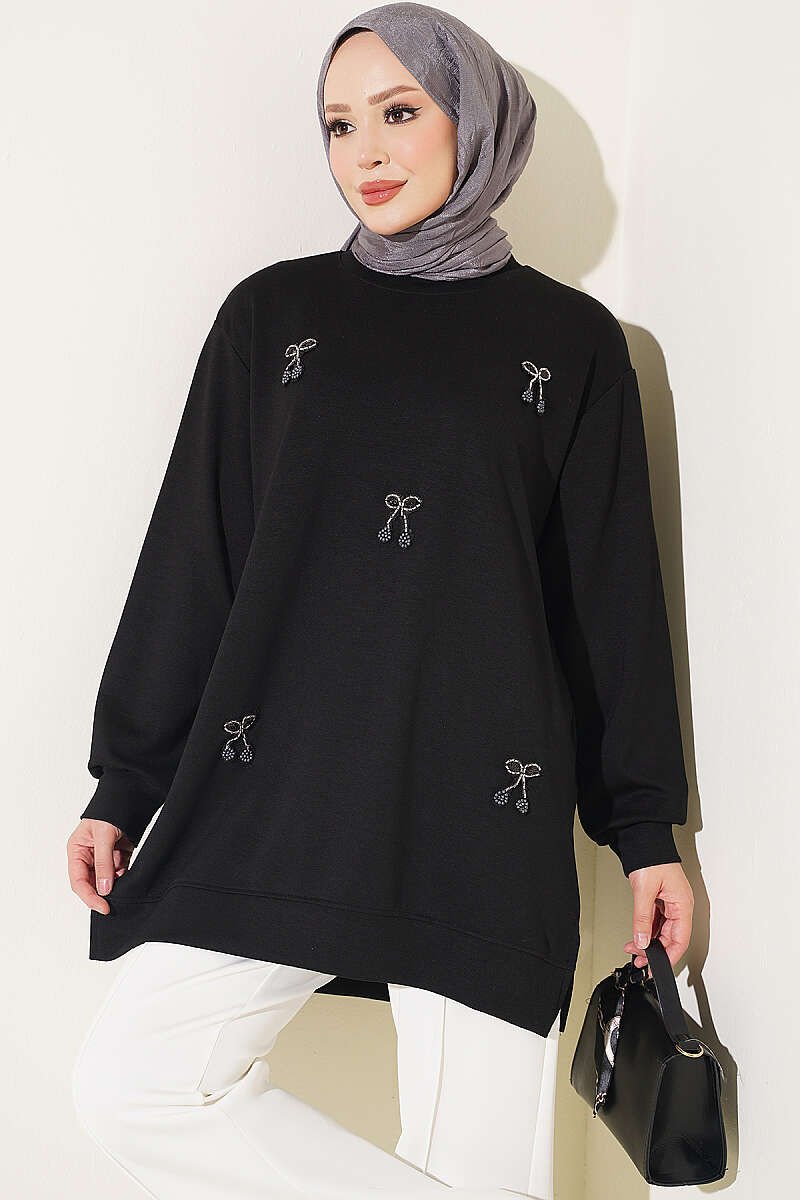 Cherry Embroidered Lace Tunic Black