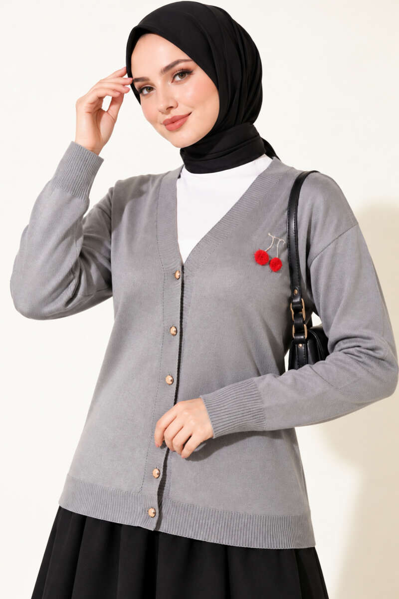 Cherry Embroidered Pique Cardigan Grey