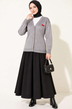 Alternative view of Cherry Embroidered Pique Cardigan Grey