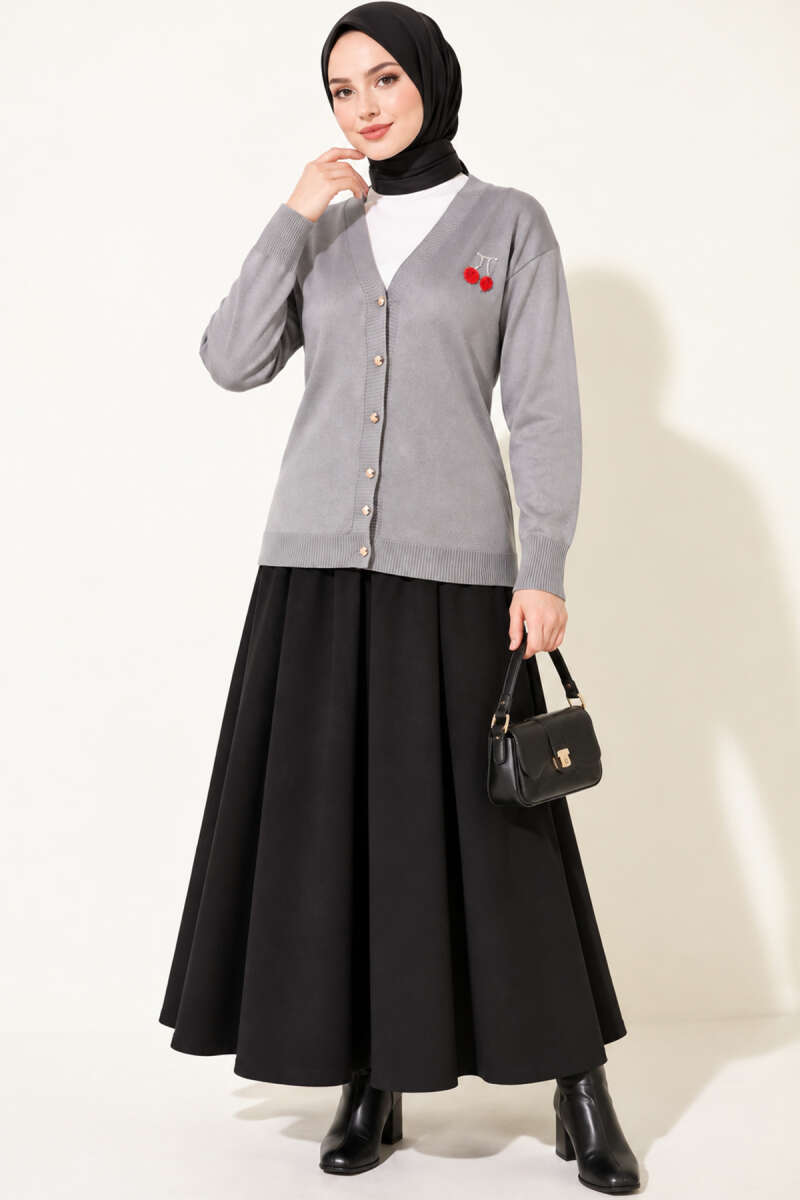 Cherry Embroidered Pique Cardigan Grey – Image 2