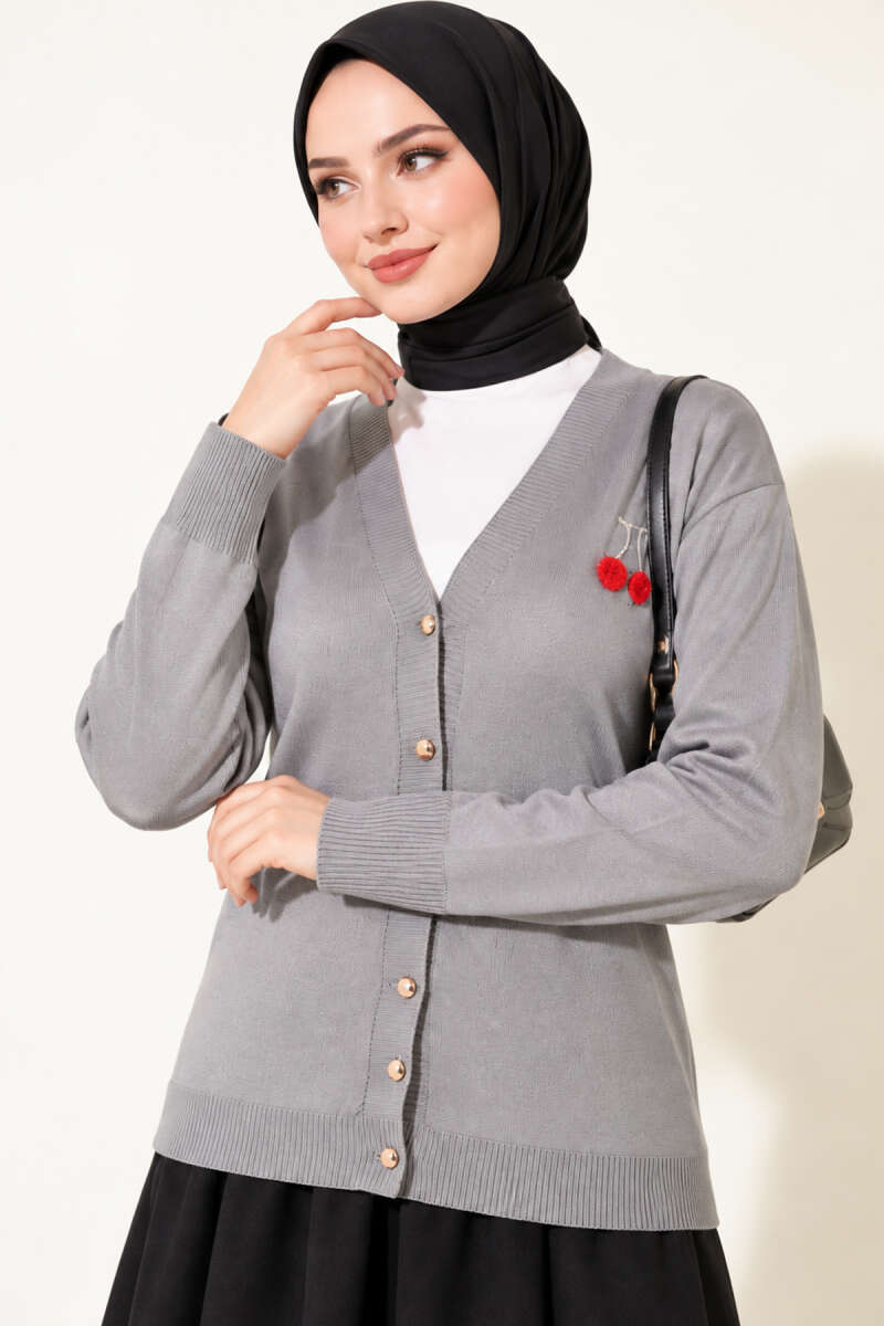 Cherry Embroidered Pique Cardigan Grey – Image 3