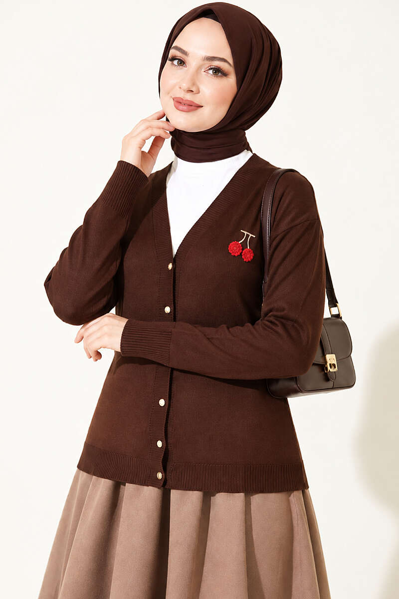 Cherry Embroidered Pique Cardigan Brown