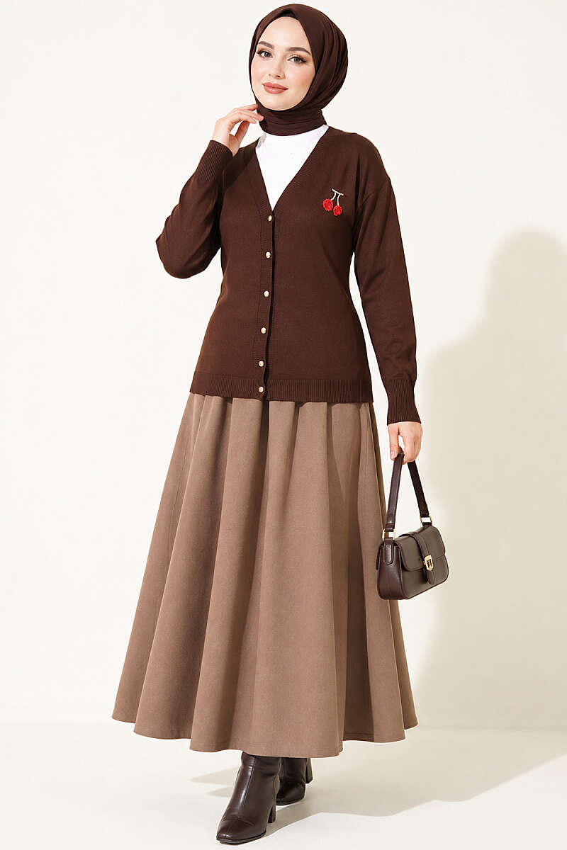 Cherry Embroidered Pique Cardigan Brown - Imagen 2