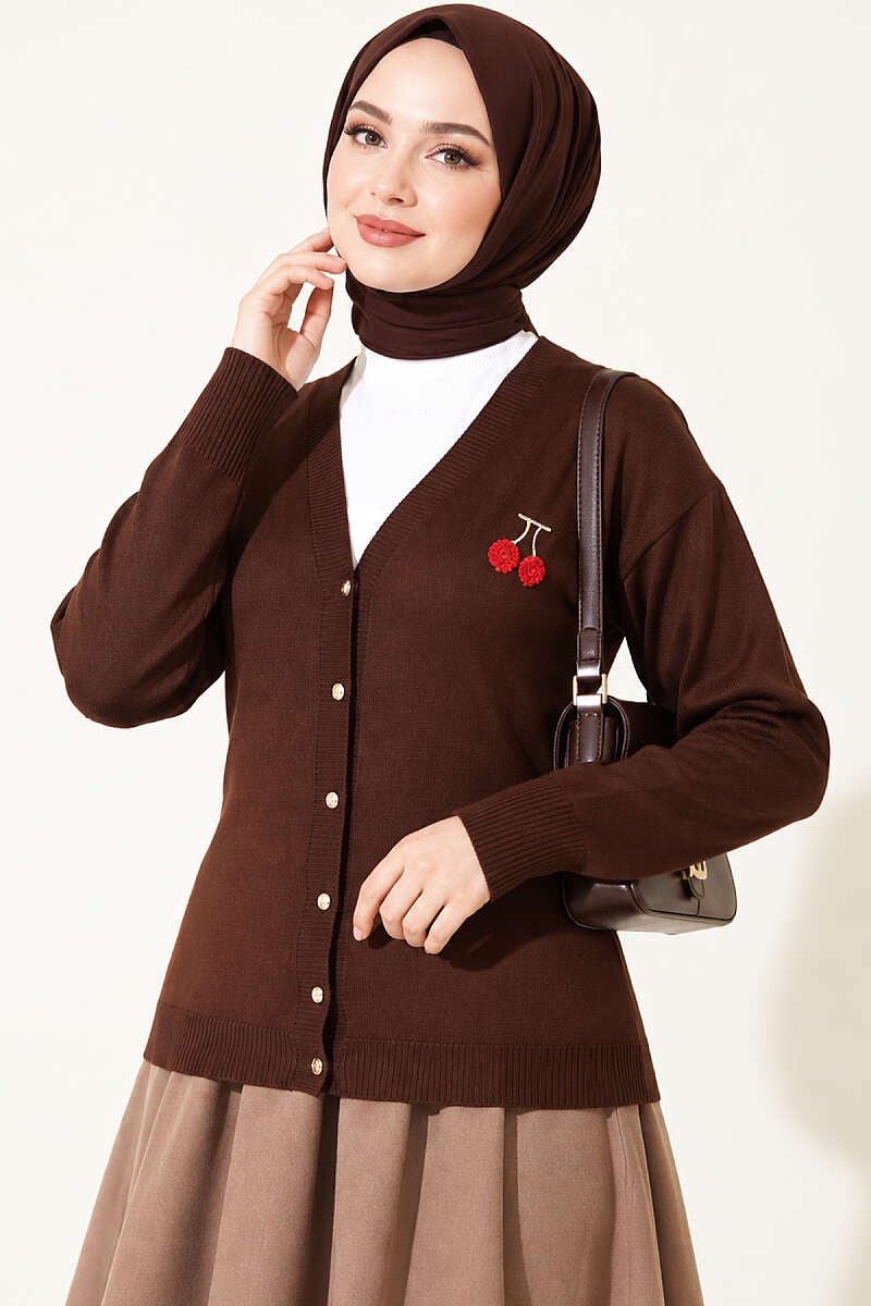 Cherry Embroidered Pique Cardigan Brown - Imagen 3