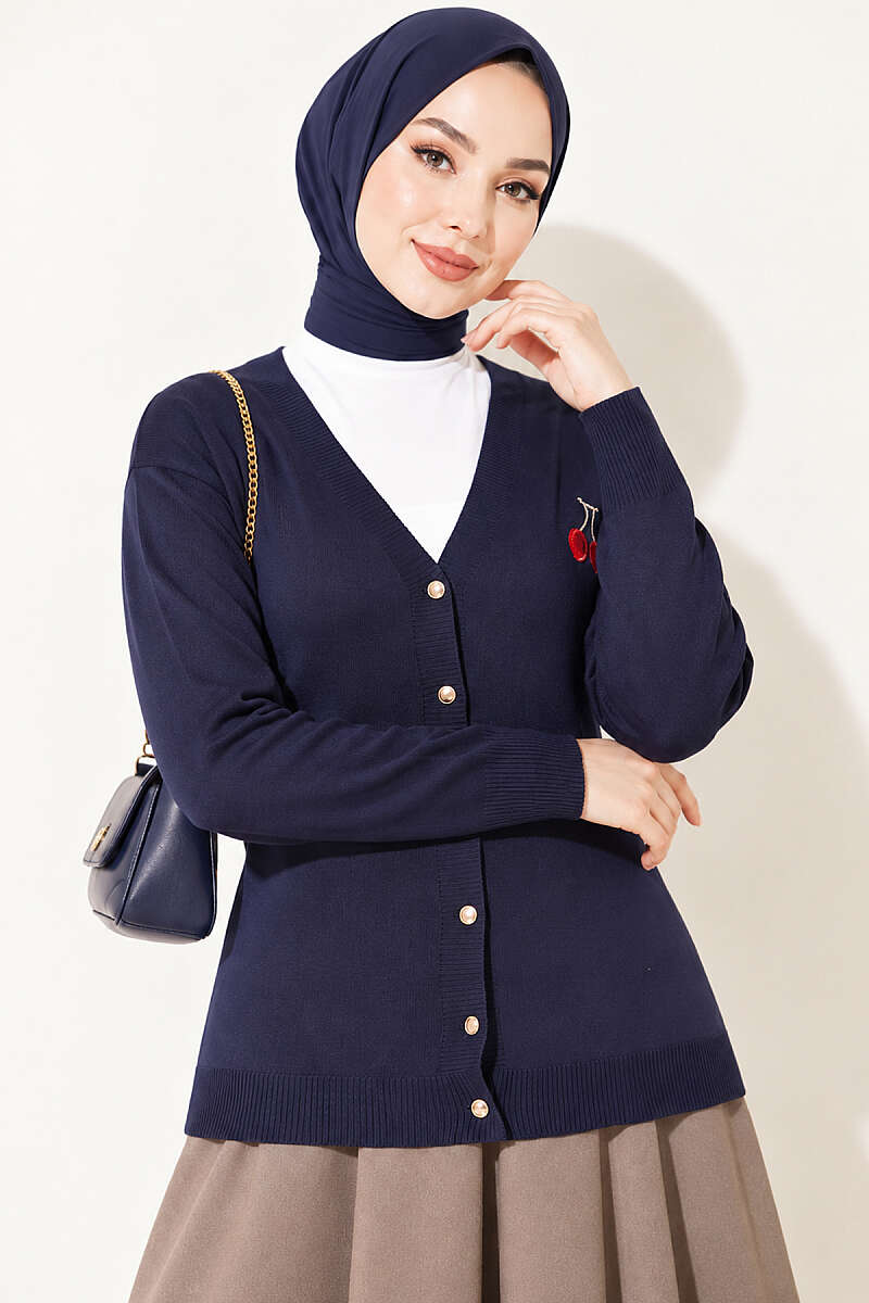 Cherry Embroidered Pique Cardigan Navy Blue