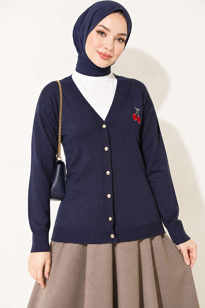 Cherry Embroidered Pique Cardigan Navy Blue - Image 3