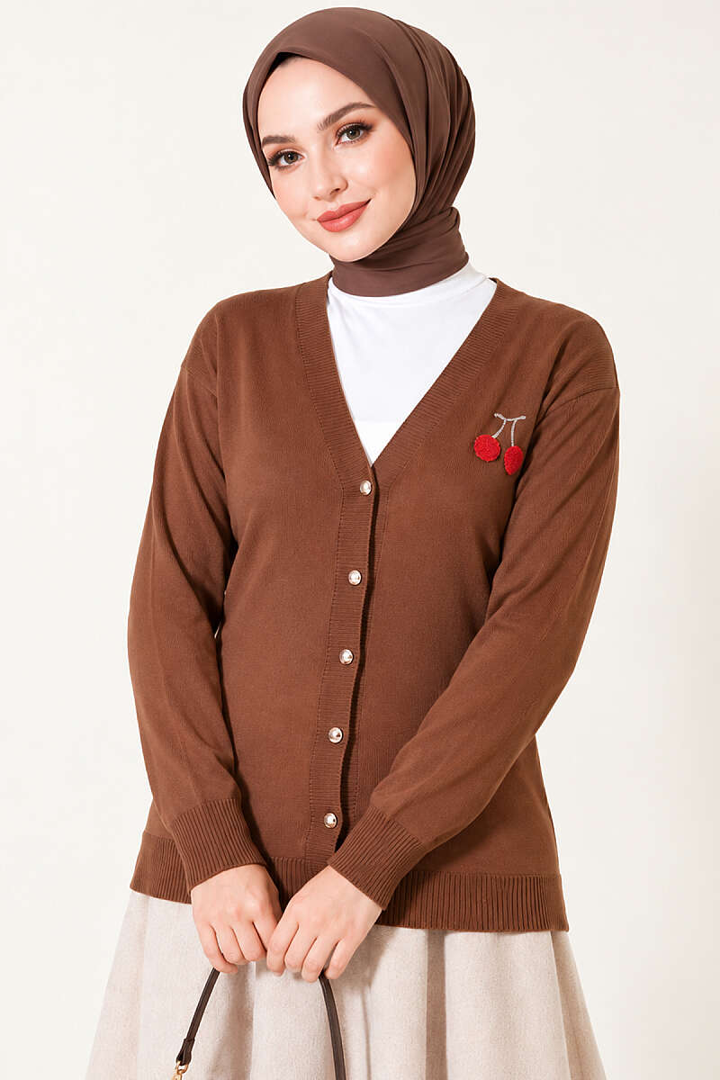 Cherry Embroidered Pique Cardigan Latte