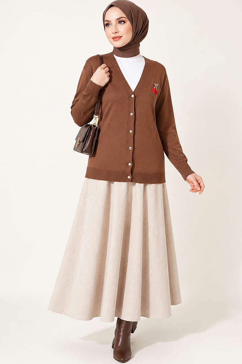 Cherry Embroidered Pique Cardigan Latte - الصورة 2