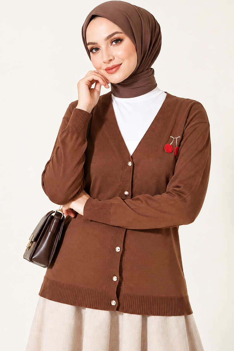 Cherry Embroidered Pique Cardigan Latte - الصورة 3