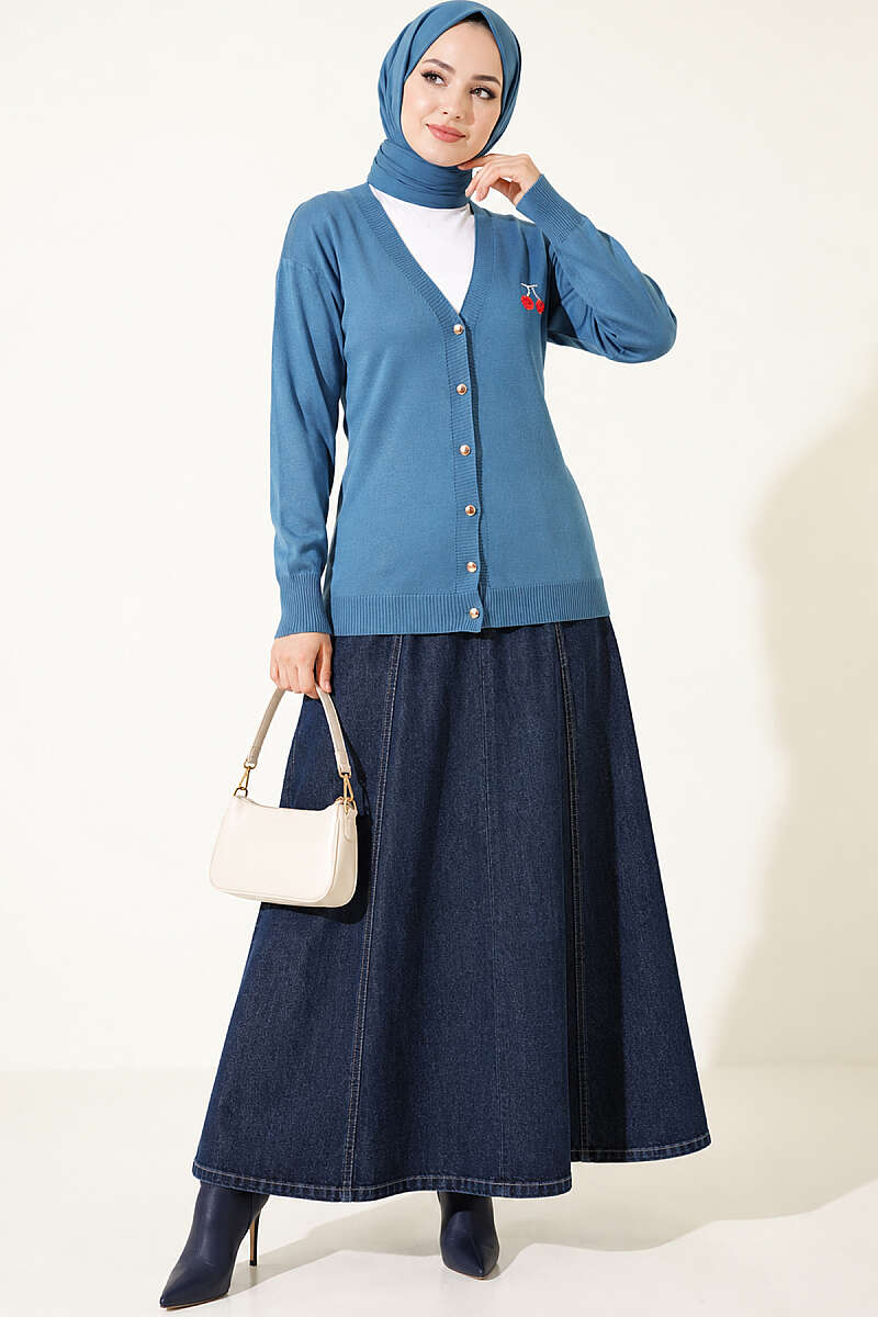 Cherry Embroidered Pique Cardigan Blue - الصورة 2