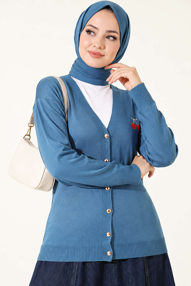 Cherry Embroidered Pique Cardigan Blue - الصورة 3
