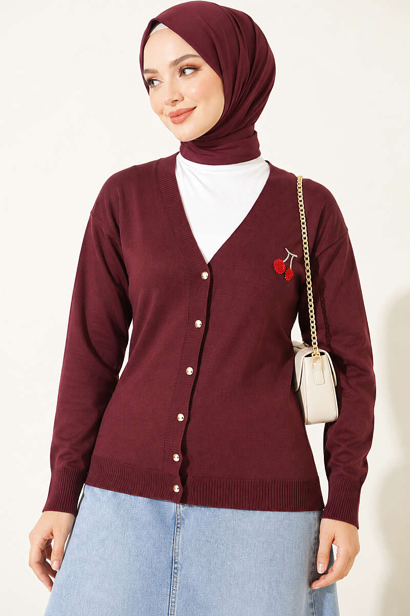 Cherry Embroidered Pique Cardigan Plum