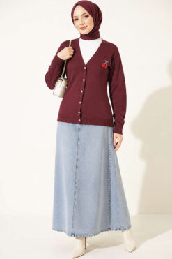 Alternative view of Cherry Embroidered Pique Cardigan Plum