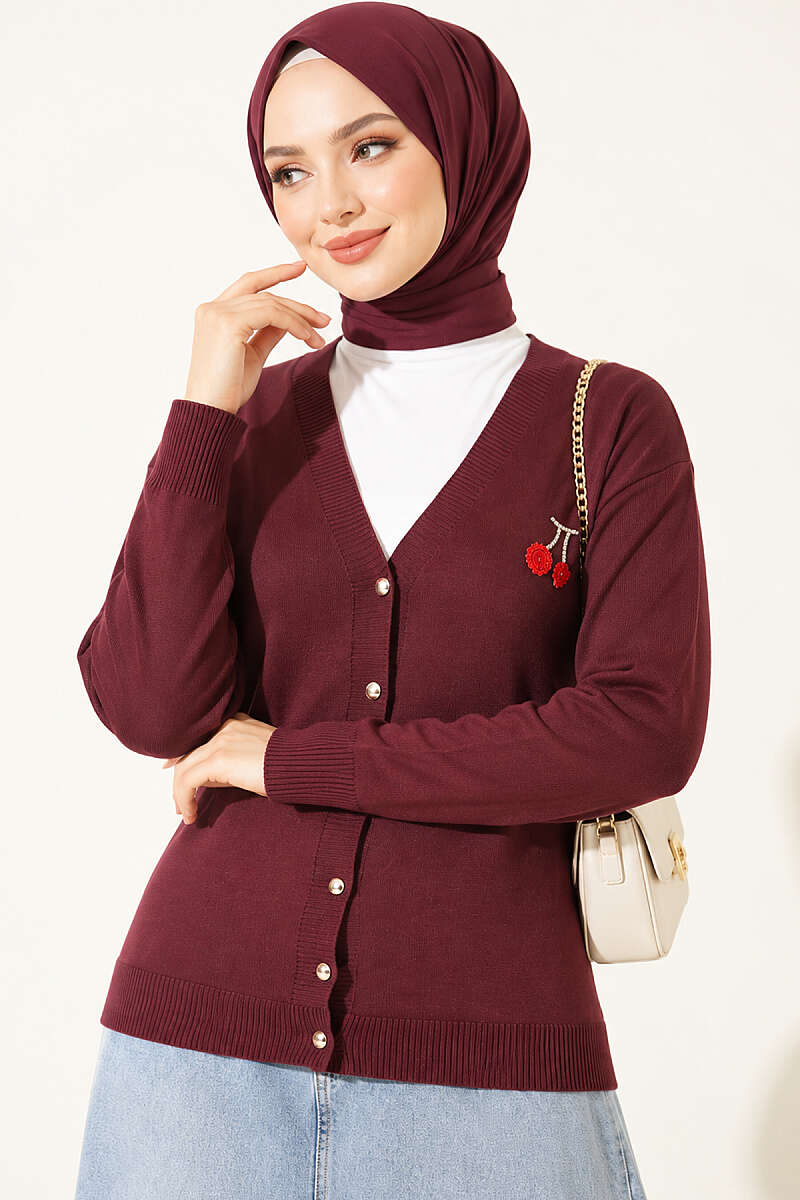 Cherry Embroidered Pique Cardigan Plum - الصورة 3