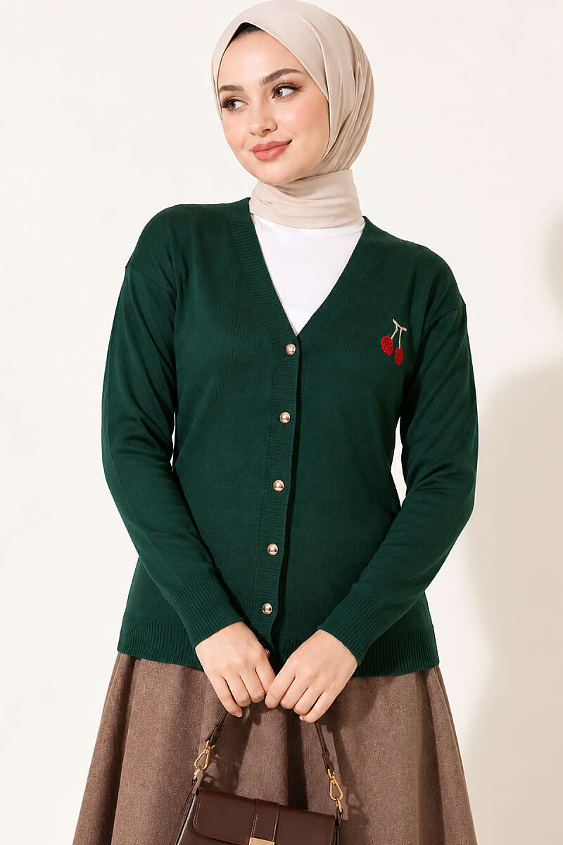 Cherry Embroidered Pique Cardigan Emerald – Image 3
