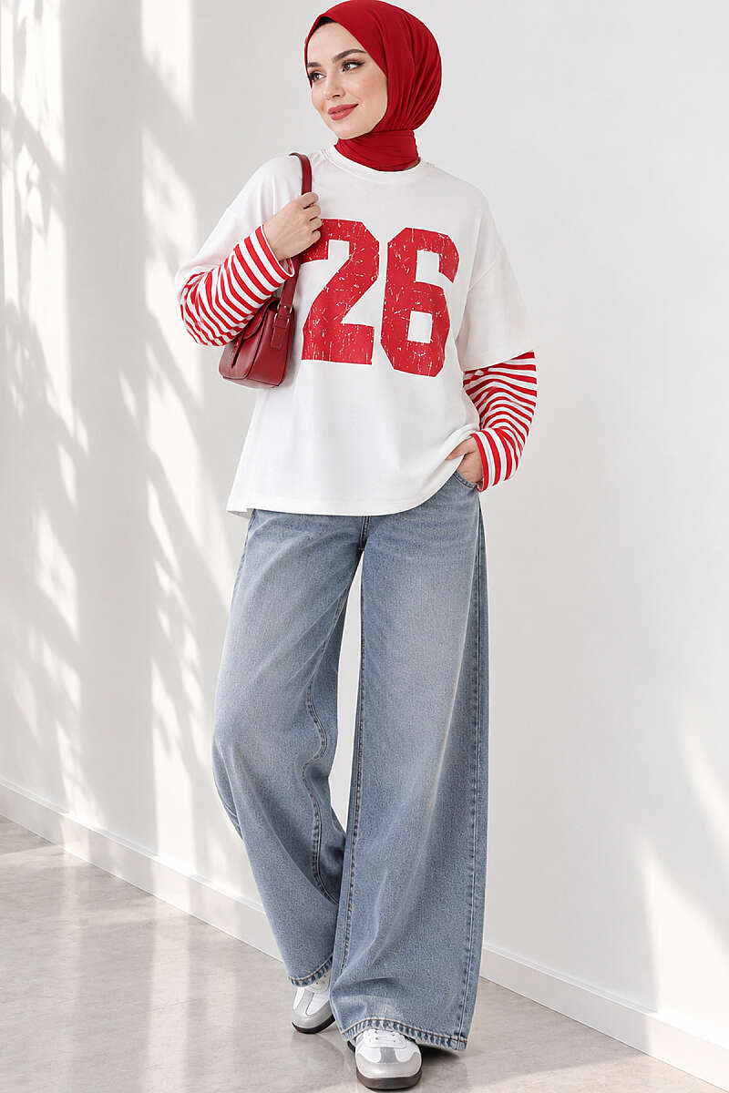 Long-Sleeve Striped and Printed Tunic Red - Imagen 2
