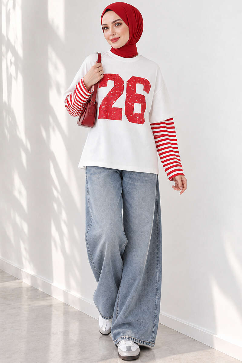 Long-Sleeve Striped and Printed Tunic Red - Imagen 3