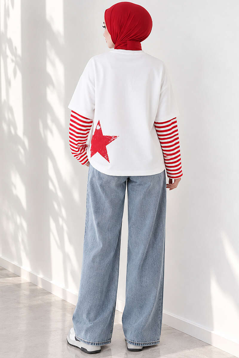 Long-Sleeve Striped and Printed Tunic Red - Imagen 4