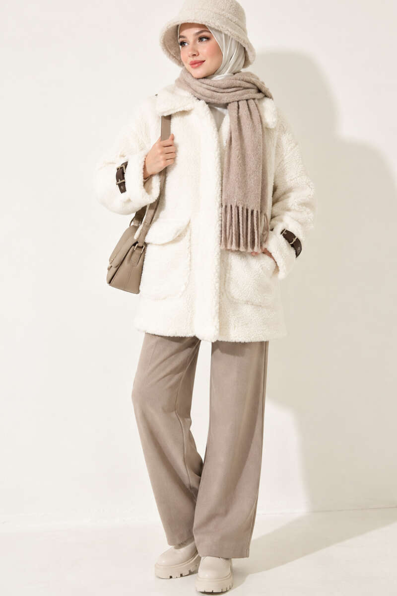 Sleeve-Shoulder Hem Pocket Plush Coat Dark Brown