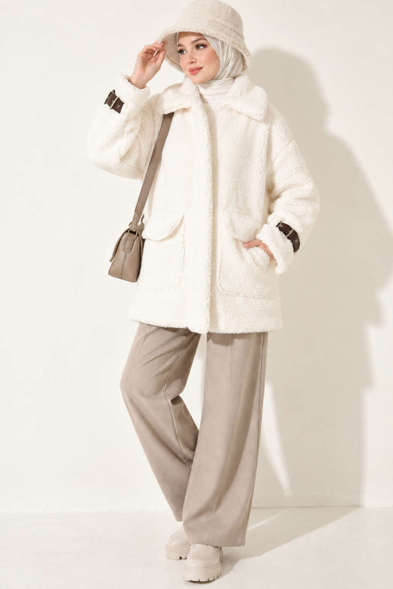 Sleeve-Shoulder Hem Pocket Plush Coat Dark Brown – Bild 2