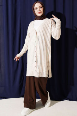 Alternative view of Buttoned Ribbed Mercerized Cardigan with Sleeve Cuffs Beige