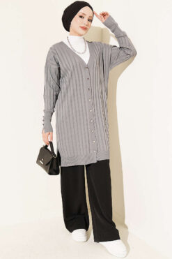 Alternative view of Buttoned Ribbed Mercerized Cardigan with Sleeve Cuffs Grey