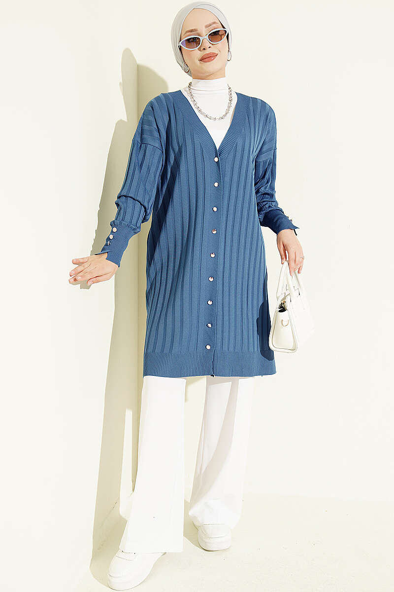 Buttoned Ribbed Mercerized Cardigan with Sleeve Cuffs Indigo – Image 2