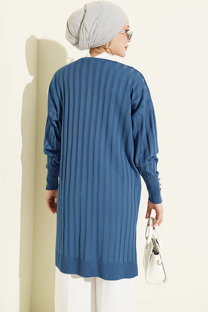 Buttoned Ribbed Mercerized Cardigan with Sleeve Cuffs Indigo – Image 3