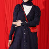 Buttoned Ribbed Mercerized Cardigan with Sleeve Cuffs Navy Blue