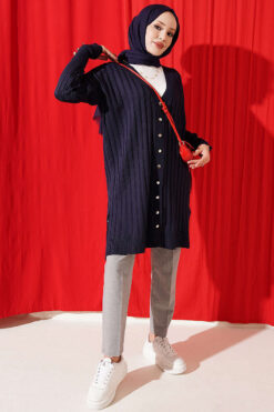 Alternative view of Buttoned Ribbed Mercerized Cardigan with Sleeve Cuffs Navy Blue