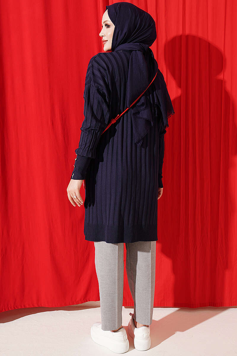 Buttoned Ribbed Mercerized Cardigan with Sleeve Cuffs Navy Blue - الصورة 3