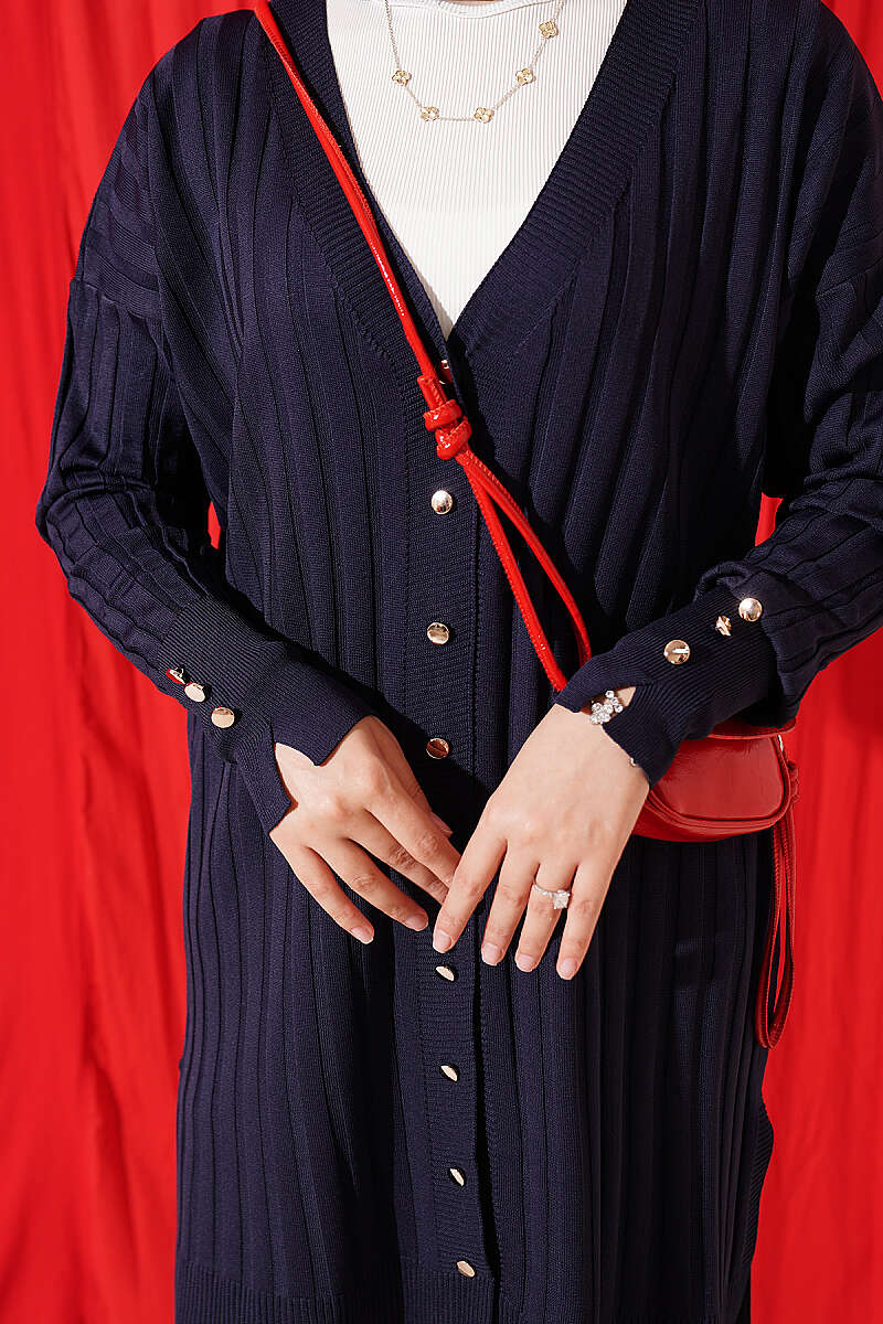 Buttoned Ribbed Mercerized Cardigan with Sleeve Cuffs Navy Blue - الصورة 4