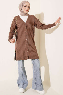 Alternative view of Buttoned Ribbed Mercerized Cardigan with Sleeve Cuffs Mink