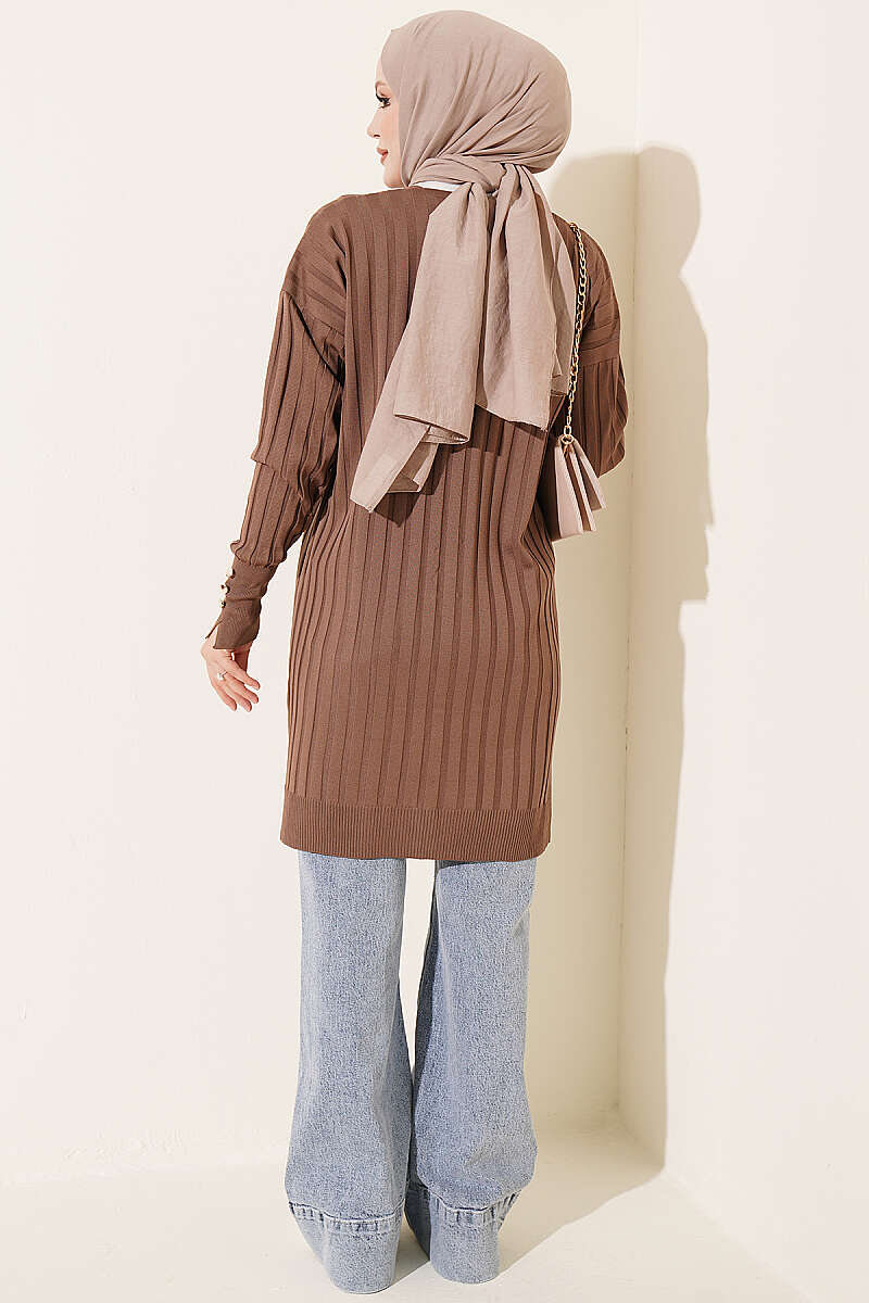 Buttoned Ribbed Mercerized Cardigan with Sleeve Cuffs Mink – Bild 3