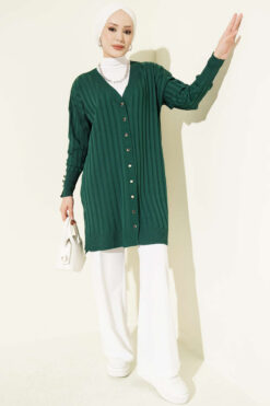 Alternative view of Buttoned Ribbed Mercerized Cardigan with Sleeve Cuffs Emerald