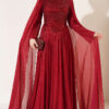 Long Sleeve Embellished Evening Dress with Cap Sleeves Burgundy