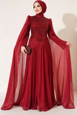 Long Sleeve Embellished Evening Dress with Cap Sleeves Burgundy