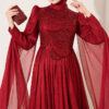 Long Sleeve Embellished Evening Dress with Cap Sleeves Burgundy – Image 2