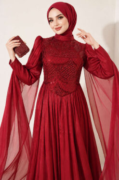 Alternative view of Long Sleeve Embellished Evening Dress with Cap Sleeves Burgundy