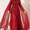 Long Sleeve Embellished Evening Dress with Cap Sleeves Burgundy – Image 3