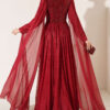 Long Sleeve Embellished Evening Dress with Cap Sleeves Burgundy – Image 4