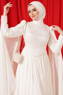 Alternative view of Long Sleeve Embellished Evening Dress with Cap Sleeves Ecru
