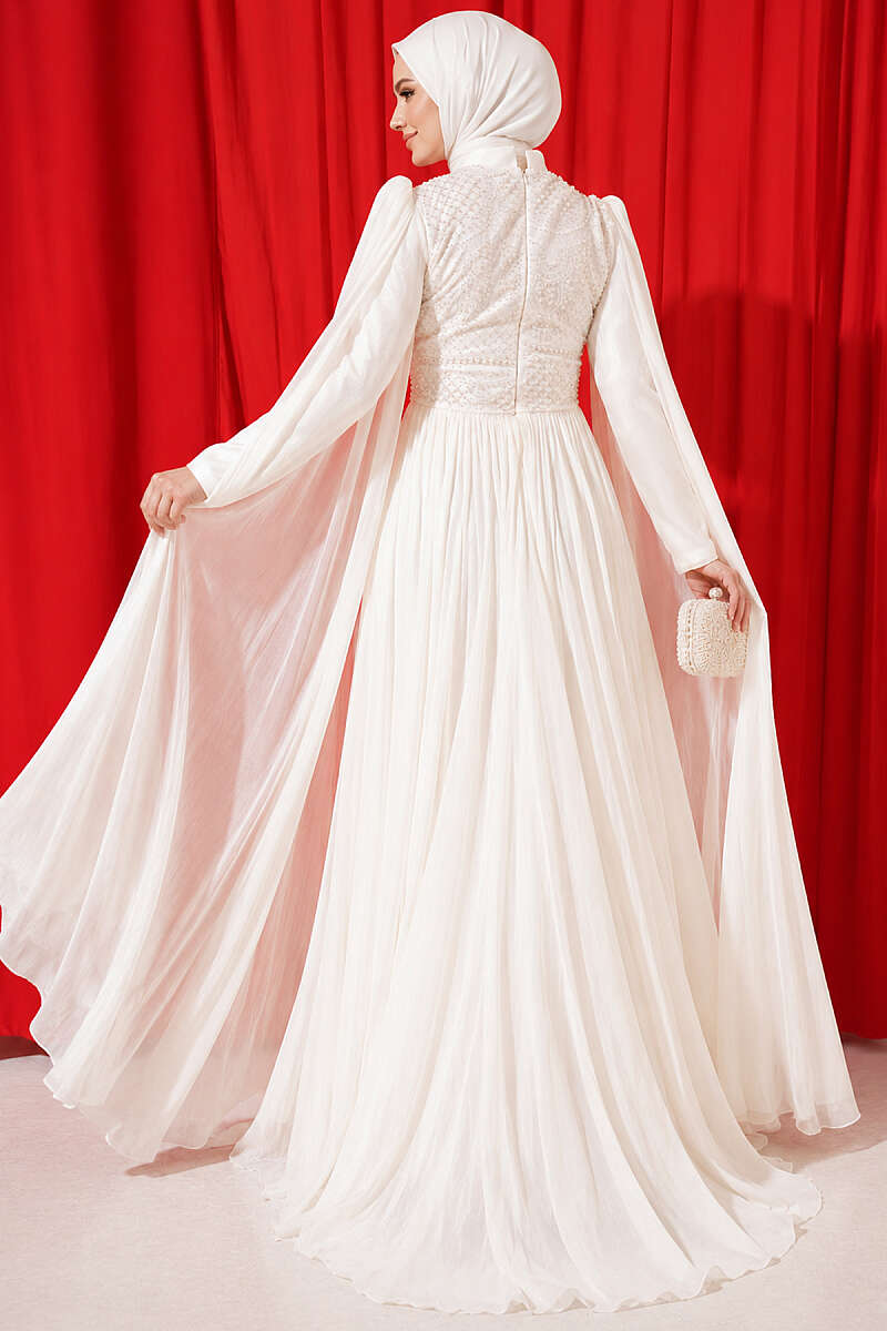 Long Sleeve Embellished Evening Dress with Cap Sleeves Ecru – Bild 4