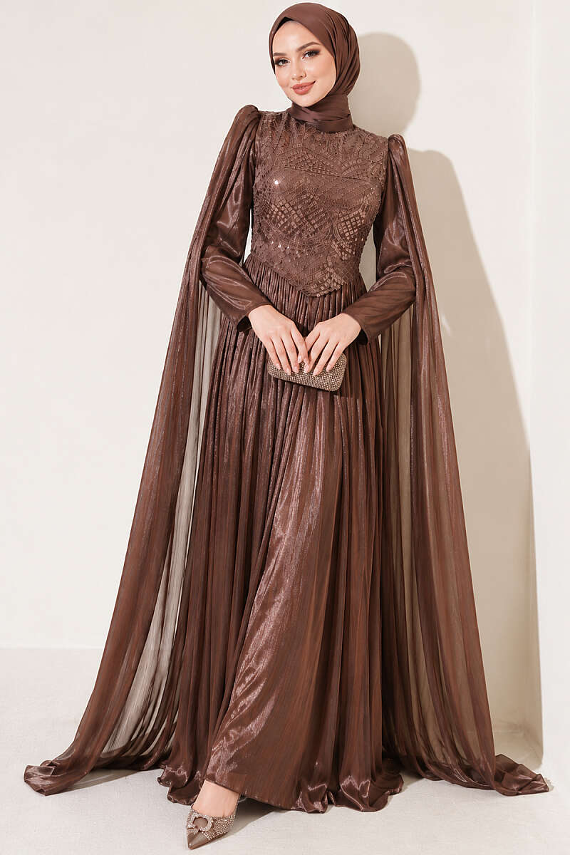 Long Sleeve Embellished Evening Dress with Cap Sleeves Brown