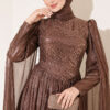 Long Sleeve Embellished Evening Dress with Cap Sleeves Brown – Bild 2