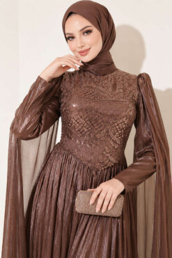Alternative view of Long Sleeve Embellished Evening Dress with Cap Sleeves Brown