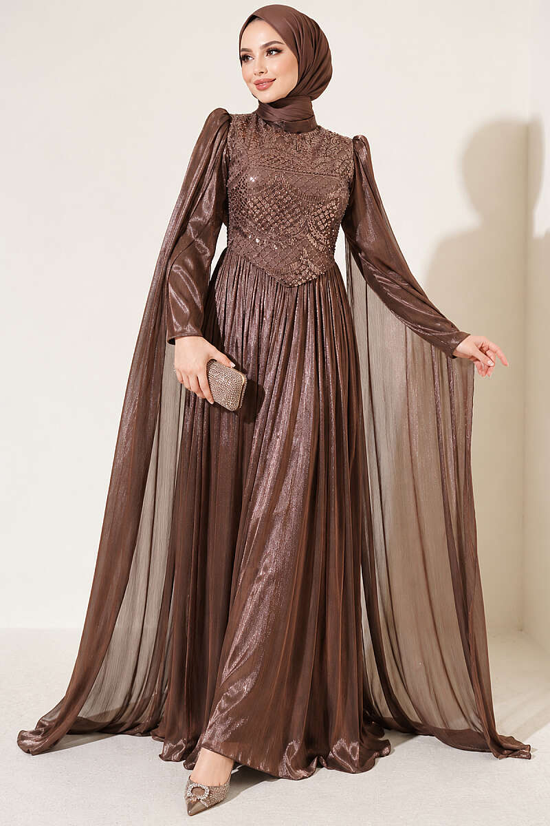 Long Sleeve Embellished Evening Dress with Cap Sleeves Brown – Bild 3