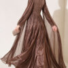 Long Sleeve Embellished Evening Dress with Cap Sleeves Brown – Bild 4