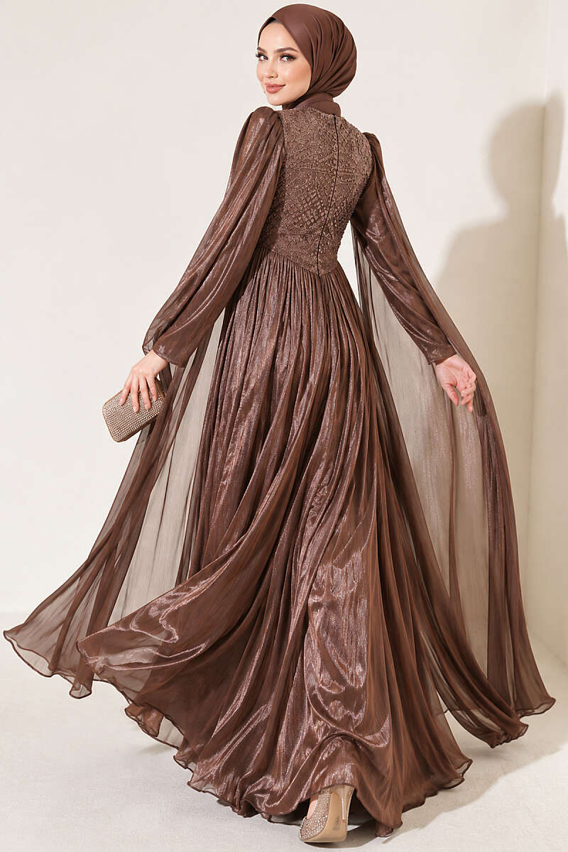 Long Sleeve Embellished Evening Dress with Cap Sleeves Brown – Bild 4